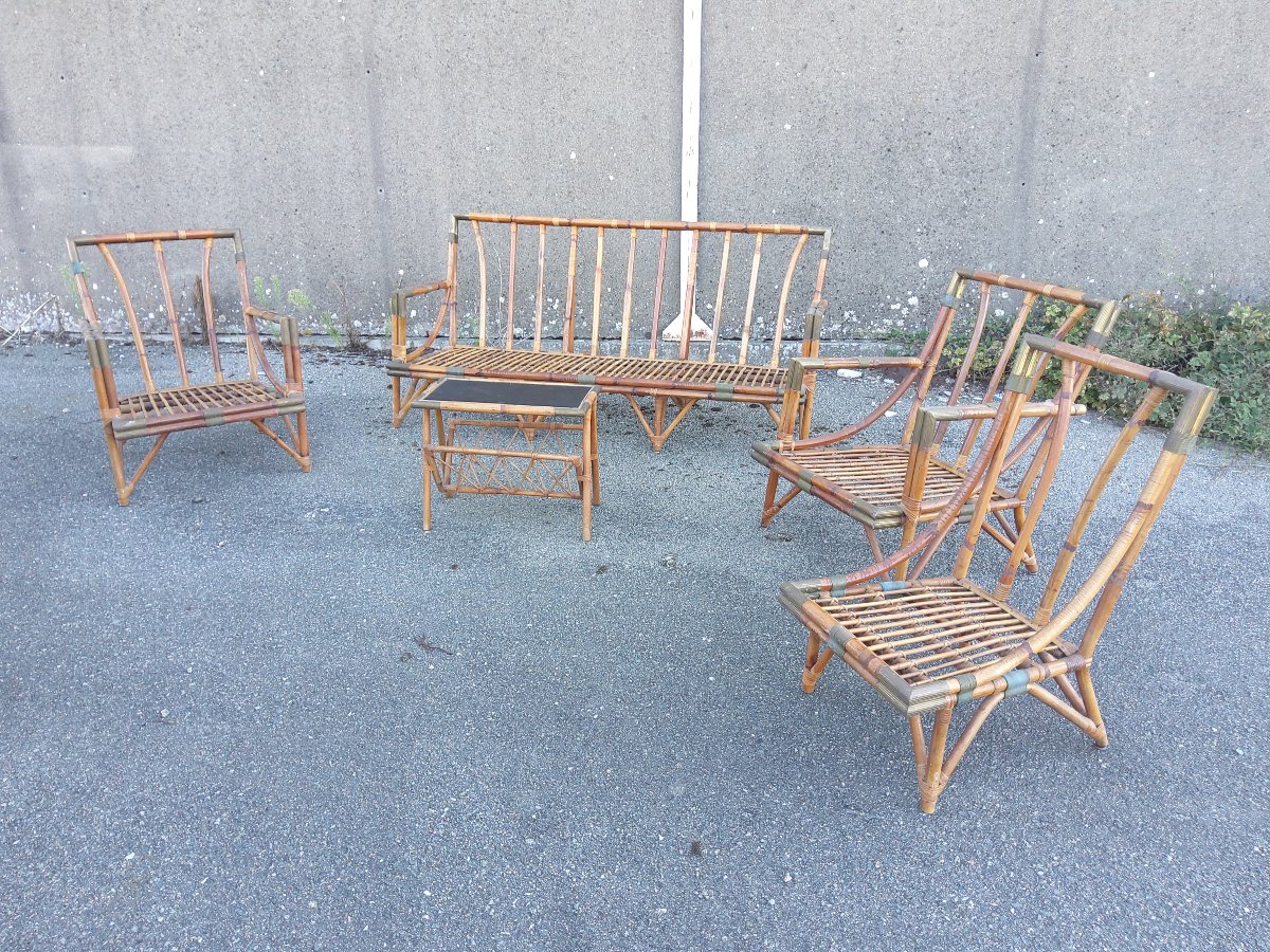 Salon en rotin gainé de laiton doré année 60-70